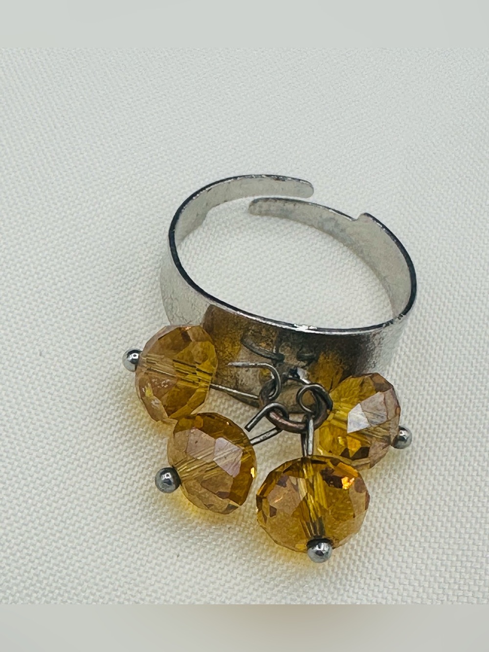 Vintage Adjustable Silver-Tone Ring with Amber Crystal Drops